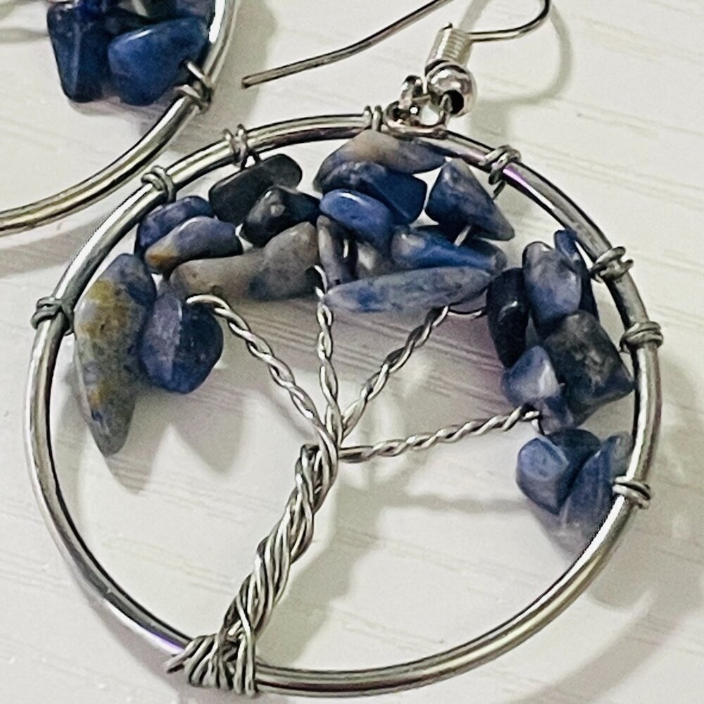 Tree of Life Wire Wrapped Earrings - Blue and Dark Gray Stone Boho Dangles